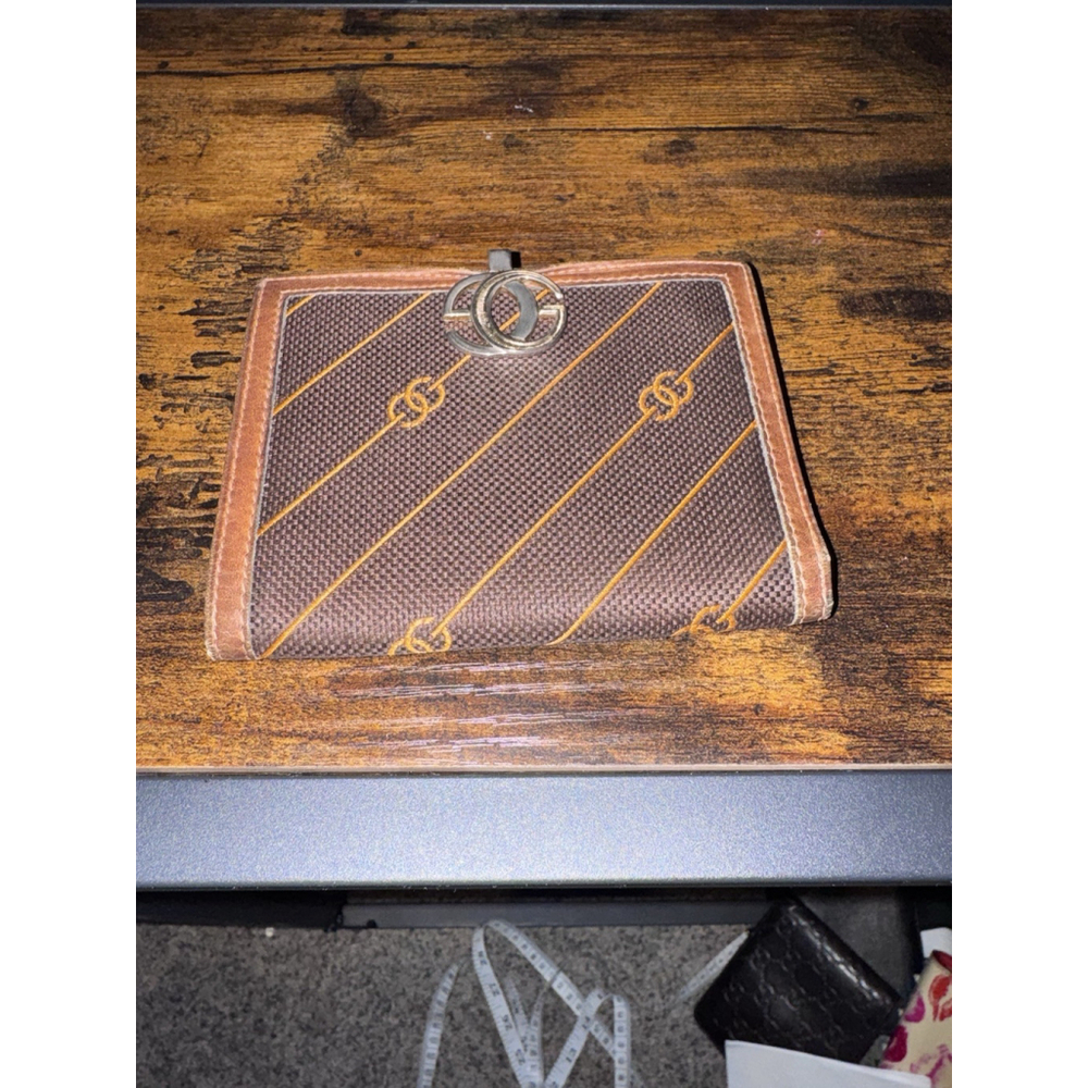 Gucci Diagonal Striped Canvas Leather Trim Bifold Wallet 70’s Early 80’s